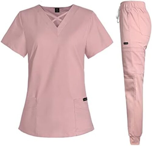 VIAOLI Scrubs for Women Set Modern V-Neck Top & 8 Pocket Jogger Pants Athletic Nursing Uniform Solid Stretch Workwear