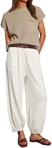 LILLUSORY 2 Piece Outfits For Women Trendy Lounge Sets Cozy Knit Sweater Short Sleeve Fashion Loungewear Set