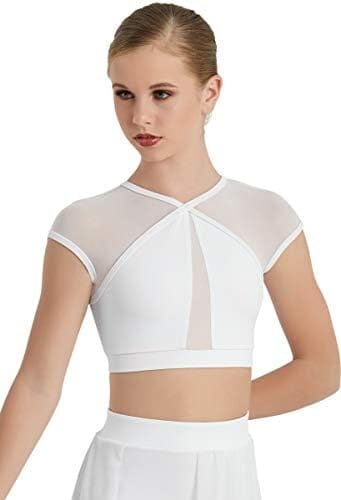 Balera Womens Cap Sleeve Illusion Mesh Detail Crop Top for Girls Dance