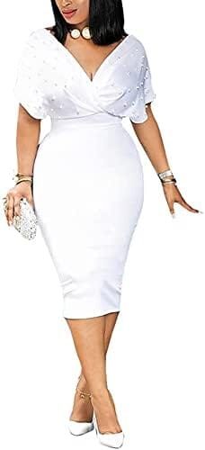 Stylishly Chic: Enhancing Feminine Grace with Pearls in a Stunning Deep V-Neck Wrap Bodycon Dress with Back Zipper