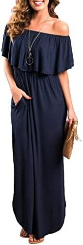 Womens Off The Shoulder Ruffle Party Dresses Side Split Beach Maxi Dress