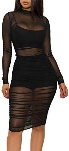 Lrady Women’s Rhinestone Mesh Fishnet Bodycon Club Dress See Through Beach Swimwear Bikini Cover Up