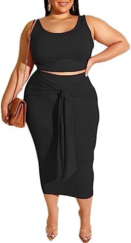 MRSFITOK Plus Size Women 2 Piece Outfits Sets Sexy Tracksuit Midi Dress,Sleeveless Tank Top Bodycon Skirts Set Casual Summer
