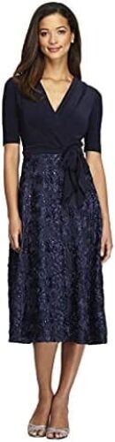 Alex Evenings Women’s Tea Length Jersey and Rosette Lace Dress (Petite and Regular)