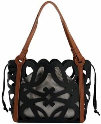 Women’s Fashionable Hxinson Hollow Bucket Bags – Black Tote Casual PU Leather Shoulder Bag, Versatile Luxury Handbags