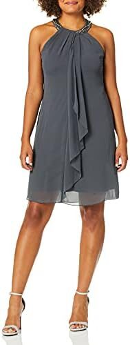 S.L. Fashions Women’s Jewel Neck Halter Dress (Petite and Regular)
