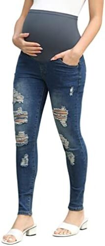 Maacie Maternity Jeans Over Belly Skinny Ripped Denim Pants with Real Pockets