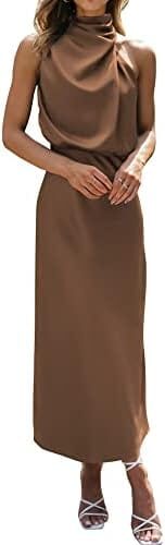 BTFBM Women’s Sleeveless Cocktail Dresses Mock Neck Keyhole Elastic High Waist Wedding Guest Evening Party Maxi Dress