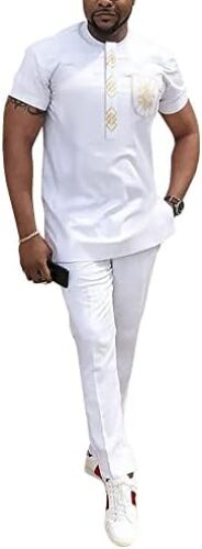 HD African Dashiki Outfit Embroidery Shirt and Pants Short Sleeves Parent-Child Clothes Set for Men