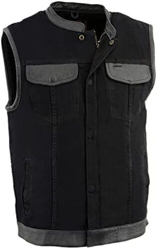 Milwaukee Leather MDM3010 Men’s Black Denim Club Vest with Leather Trim and Hidden Zipper