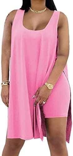 Women Two Piece Outfits Sets Casual High Split Loose Tank Top + Skinny Biker Shorts Tracksuit Set