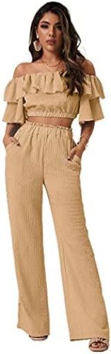 Romwe Women’s 2 Piece Outfit Off The Shoulder Crop Top Wide Leg Pants Set