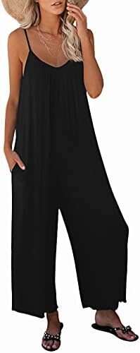 snugwind Womens Casual Sleeveless Strap Loose Adjustable Jumpsuits Stretchy Long Pants Romper with Pockets