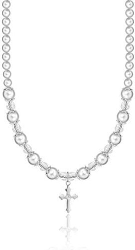 Luxury Sterling Silver Cross Charm Christening Toddler Necklace with White European Simulated Pearls and Crystals(NBCCR)