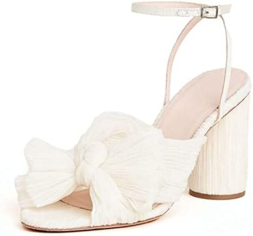 VIMISAOI Womens High Block Chunky Heel Sandals Fashion Open Toe Ankle Buckle Strap Pleated Bow Heel Sandals Wedding Dress Shoes Pumps