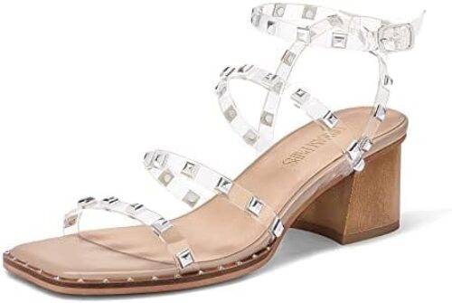 DREAM PAIRS Clear Studded Rhinestone Heels for Women Sexy Chunky Block Square Toe Heels Wedding Shoes Low Heels Open Toe Bridal Pumps Sandals