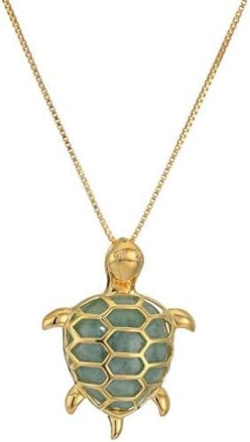 Amazon Collection womens 18k Yellow Gold Plated Sterling Silver Genuine Green Jade Turtle Pendant Necklace, 18″