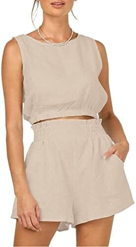 AUTOMET Women’s Summer 2 Piece Outfits Shorts Sets Sleeveless Round Neck Crop Top Tank and High Waisted Shorts with Pockets