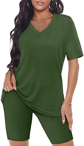 AGSEEM 2 Piece Outfits For Women V Neck T-Shirt Tops And Biker Shorts Sets Tracksuit