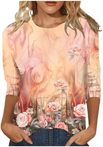 3/4 Sleeve Tops for Women Casual Floral Print Spring Tops Crewneck Basic Tees Tunic Tops to Wear with Leggings
