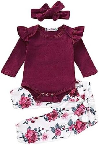 3PCS Infant Toddler Baby Girl Clothes Ruffle Romper Bodysuit Floral Halen Pants Headband Outfits