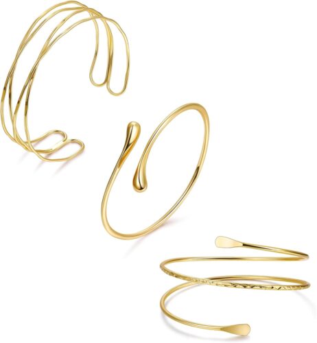3Pcs Arm Cuff for Women Boho Coil Arm Cuff Bangle Set Adjustable Minimalist Gold Coil Upper Arm Bracelet