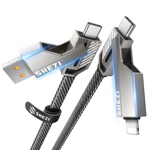 4-in-1 USB C Cable Lightning Cable 60W 5FT Fast Charging Flat Nylon Braided for iPhone iPad Charger Cord [480Mbps Data Sync] Multi Charge Cable with Lightning/Type C/USB A Port [SHEZI Series]