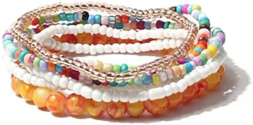 Caiyao Handmade Stackable Colorful Beads 5-6pcs Adjustable Muilty-layered Bracelets Set for Women Boho Multicolor Seed Stretch Wristbands Bohemian Summer Jewelry