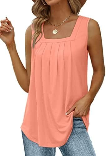 Aokosor Summer Tank Tops for Women Loose Fit Flowy Square Neck Sleeveless Tops Curved Hem Pleated