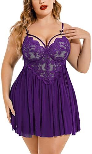 Avidlove Plus Size Lingerie Lace Babydoll Womens Strap Chemise Nightgown V Neck Nighty Mesh Sleepwear Side Slit Nightdress