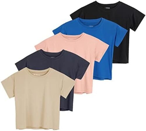 5 Pack: Women’s Dry Fit Crop Top – Short Sleeve Crew Neck Stretch Athletic Tee (Available in Plus Size)
