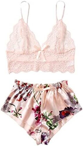 WDIRARA Women’s 2Pcs Floral Lace Cami Top with Shorts Sleepwear Pajama Set