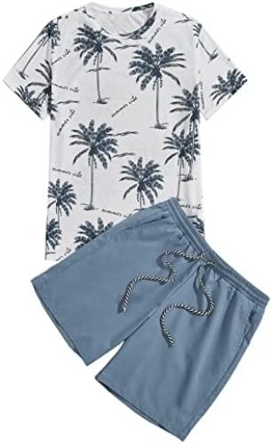 Milumia Men’s Tropical Printed Short Sleeve Tee and Drawstring Pocket Shorts Set