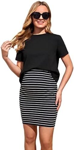 Maternity 2 Piece Outfits: MakeMeChic Women’s Casual Tee Shirt and Striped Skirt Set with Short Sleeves