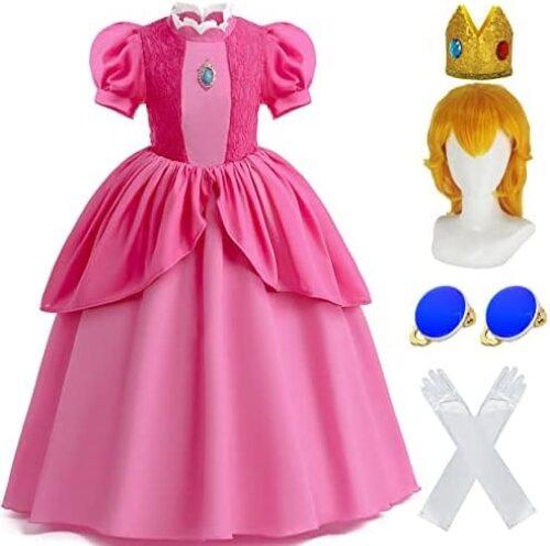 Princess Peach Costume Dress Girls Kids Super Brother Cosplay with Wig Crown Earring Gloves Halloween Costume Birthday