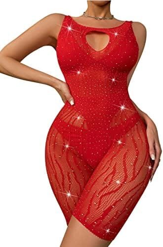 Sexy Sparkly Rhinestone Bodysuit – Rave Exotic Mesh Fishnet Dancewear Party Romper Cut Out Bodycon Dress for Women