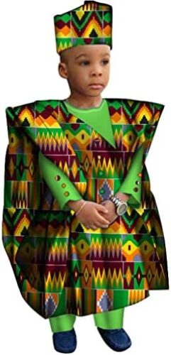 Kids African Clothing Luxury Printed Dashiki Outfit 4 Pieces Traditional Cultural Wear Robe Shirt Top Pants and Hat