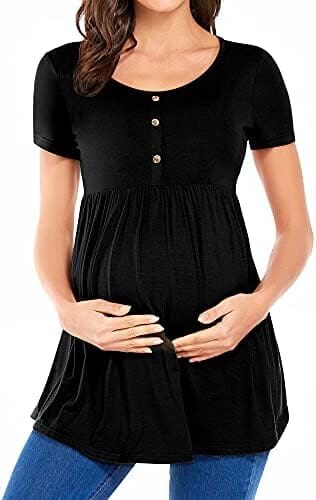 POSHGLAM Women’s Maternity Top Shirts Round Neck Ruched Pregnancy Clothes with Button Accent