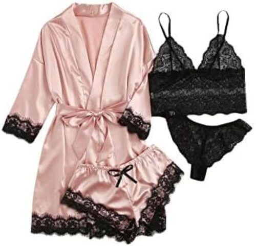 WDIRARA Women’ Silk Satin Pajamas Set 4pcs Lingerie Floral Lace Cami Sleepwear with Robe