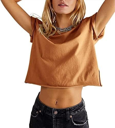 Carpetcom Women’s Summer Casual Loose Fit Plain Soild Basic Short Sleeve Crop Tops T-Shirts