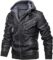 HOOD CREW Men’s Casual Stand Collar PU Faux Leather Zip-Up Motorcycle Bomber Jacket With a Removable Hood