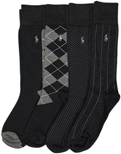 POLO RALPH LAUREN Men’s Assorted Pattern Dress Crew Socks-4 Pair Pack-Soft and Lightweight Cotton Comfort