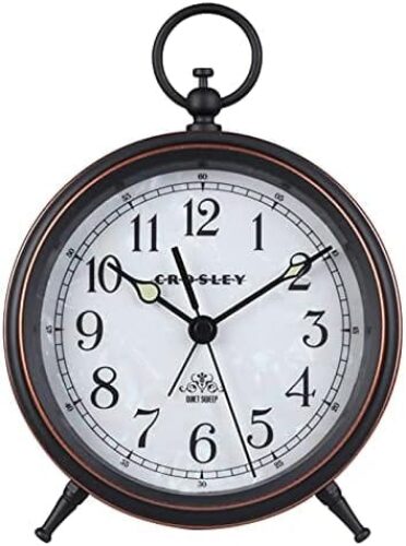 Timelink Metal Crosley Vintage Desk and Shelf Alarm Clock, Old Fashioned Retro Style, Quiet Sweep-Non-Ticking, Battery Operated – Simple Settings, Antique Finish (Mother of Pearl)