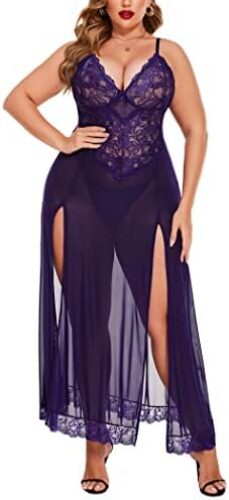 Avidlove Plus Size Lingerie For Women Babydoll Sexy Mesh Maxi Nightdress Strappy Exotic Sleepwear Side Slits