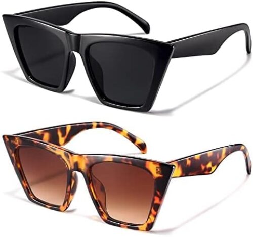 racico Trendy Cat Eye Sunglasses Women – 2 pack Vintage Oversized Cateye Style Square Sun Glasses Women Men