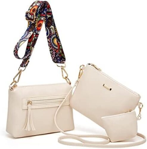 Crossbody Bags for Women, 3 Pcs Set Leather Purses with Wide Straps, Fashion Small Shoulder Handbag Purses & Wallet Gift