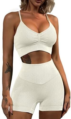 QINSEN Workout Sets for Women 2 Piece Cross Back Straps Sports Bra Seamless Shorts Yoga Gym Activewear Set