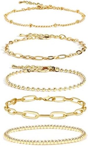 CONRAN KREMIX Gold Chain Bracelet Sets for Women Girls 14K Gold Plated Dainty Link Paperclip Bracelets Stake Adjustable Layered Metal Link Bracelet Set Fashion Jewelry