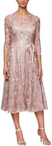 Alex Evenings Women’s Tea Length Embroidered Dress Illusion Sleeves (Petite Missy)