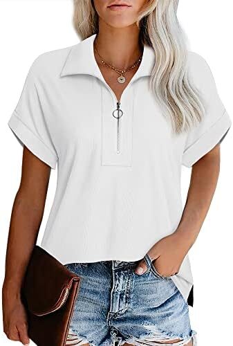 Vivilli Womens Polo Shirts Women’s Short Sleeve Tops and Blouses Zippered Collared Business Casual Tops Loose Fit Work Polo